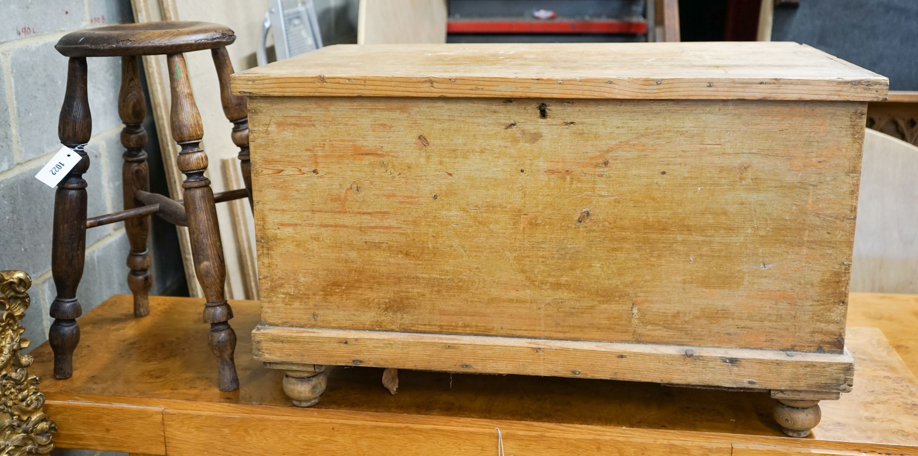 A Victorian rectangular pine trunk, length 83cm, depth 49cm, height 51cm, together with a provincial elm stool